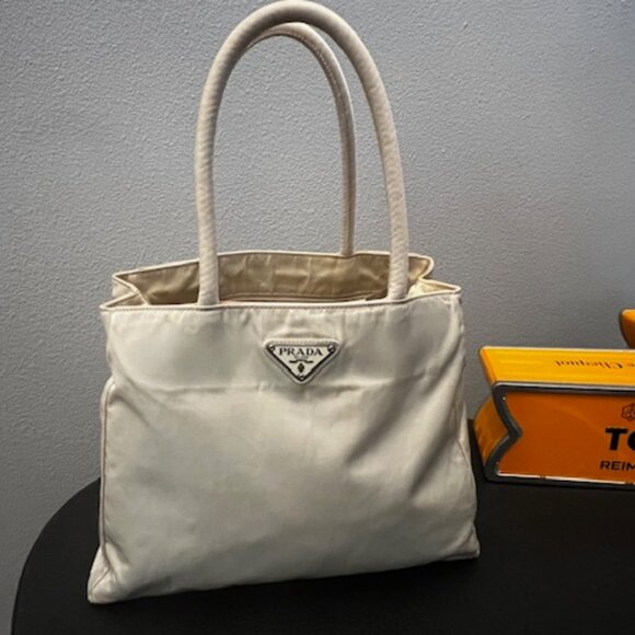 Prada Handbags - Prada Ivory Tessuto Nylon Top Handle Tote Bag